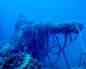 Il cannone di poppa del Veniero (sommergibile classe Barbarico del 1919), affondato nel 1925, come si presenta oggi sul fondale al largo di Marzamemi in Sicilia